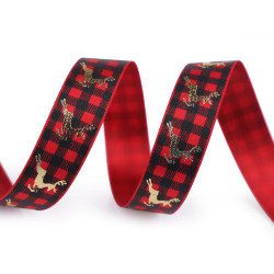Christmas satin ribbon checkered width 16 mm, reindeer - Red (21 Meters)