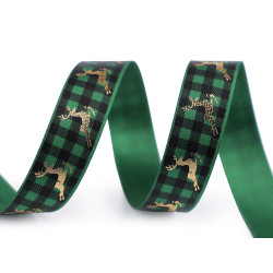 Christmas satin ribbon checkered width 16 mm, reindeer - Green (21 Meters)