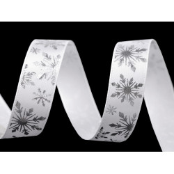 Christmas satin ribbon width 16 mm, snowflakes - White (21 Meters)
