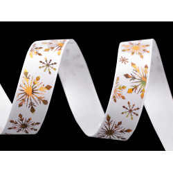 Christmas satin ribbon width 16 mm, snowflakes - White (21 Meters)