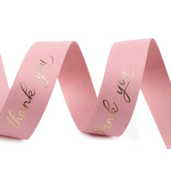 Ruban satin avec imprimé métallisé - « thank you », largeur 16 mm, mat - Poudre (90 Mètres)