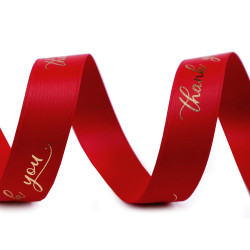 Ruban satin avec imprimé métallisé - « thank you », largeur 16 mm, mat - Rouge (21 Mètres)