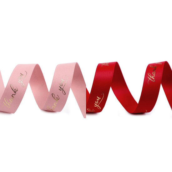 Satin ribbon with metallic print "thank you", width 16 mm matte - Red (90 Meters) Satin ribbon with metallic print "thank you", width 16 mm matte - Red (90 Meters)