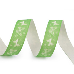 Cotton ribbon width 15 mm butterflies - Light green (20 Meters)