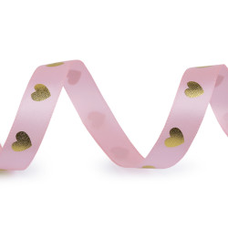Ruban satiné avec impression cœur métallisée, largeur 16 mm - Rose clair (180 Mètres)