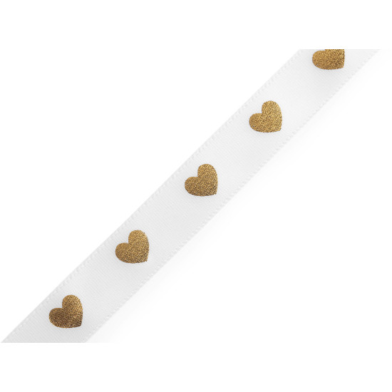 Ruban satiné avec impression cœur métallisée, largeur 16 mm - Blanc (90 Mètres) Ruban satiné avec impression cœur métallisée, largeur 16 mm - Blanc (90 Mètres)