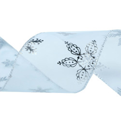Christmas organza ribbon, metallic snowflakes width 60 mm - Forget-me-not blue (1 Meter)