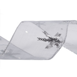 Christmas organza ribbon, metallic snowflakes width 60 mm - Grey (1 Meter)