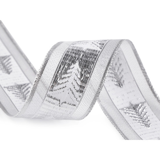 Christmas ribbon with lurex width 40 mm, tree - White (54 Meters) Christmas ribbon with lurex width 40 mm, tree - White (54 Meters)