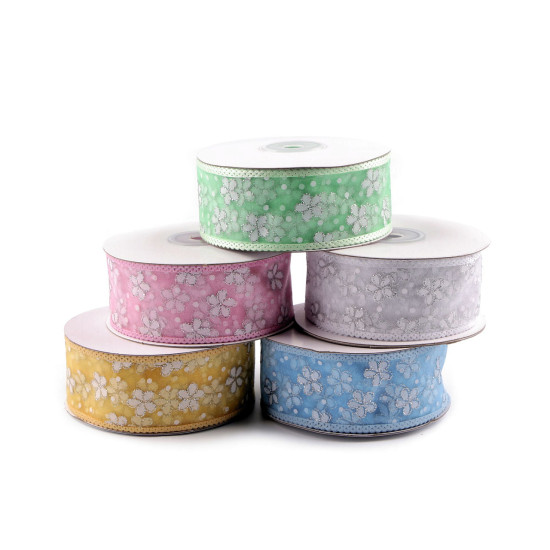 Ruban en organza avec fleurs et paillettes, largeur 40 mm - Jaune (1 Mètre) Ruban en organza avec fleurs et paillettes, largeur 40 mm - Jaune (1 Mètre)