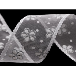 Wstążka z organzy szerokość 40 mm kwiaty z brokatem - White (1 Metr)