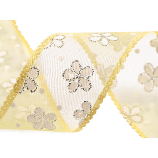 Ruban en organza avec fleurs et paillettes, largeur 40 mm - Jaune (1 Mètre) Ruban en organza avec fleurs et paillettes, largeur 40 mm - Jaune (1 Mètre)