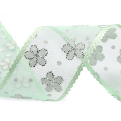 Wstążka z organzy szerokość 40 mm kwiaty z brokatem - Zieleń pastel (1 Metr)