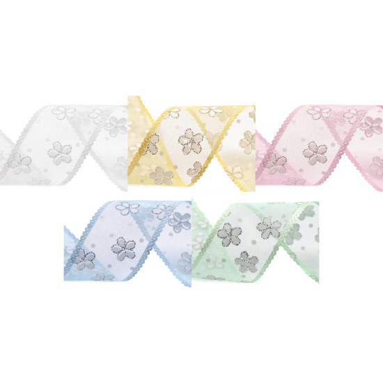 Ruban en organza avec fleurs et paillettes, largeur 40 mm - Jaune (1 Mètre) Ruban en organza avec fleurs et paillettes, largeur 40 mm - Jaune (1 Mètre)