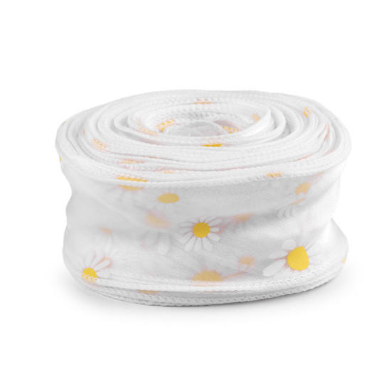 Ruban en organza avec fleurs, largeur 50 mm - Blanc (1 Mètre) Ruban en organza avec fleurs, largeur 50 mm - Blanc (1 Mètre)