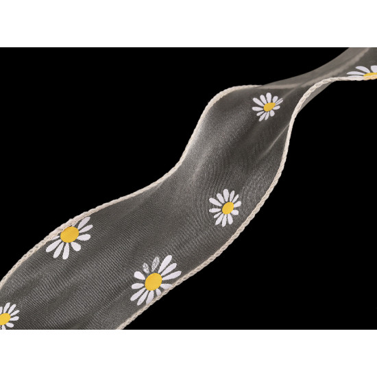 Ruban en organza avec fleurs, largeur 50 mm - Blanc (1 Mètre) Ruban en organza avec fleurs, largeur 50 mm - Blanc (1 Mètre)