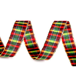 Checkered ribbon with lurex width 15 mm - Green (1 Meter)