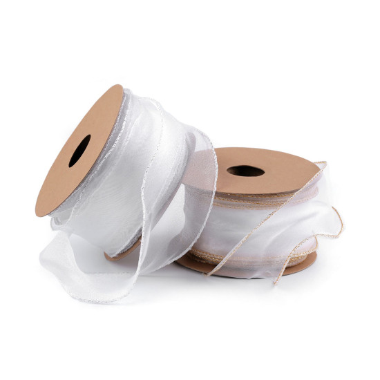 Wstążka z organzy z perłowym połyskiem i lureksem szerokość 50 mm - White (1 Metr) Wstążka z organzy z perłowym połyskiem i lureksem szerokość 50 mm - White (1 Metr)