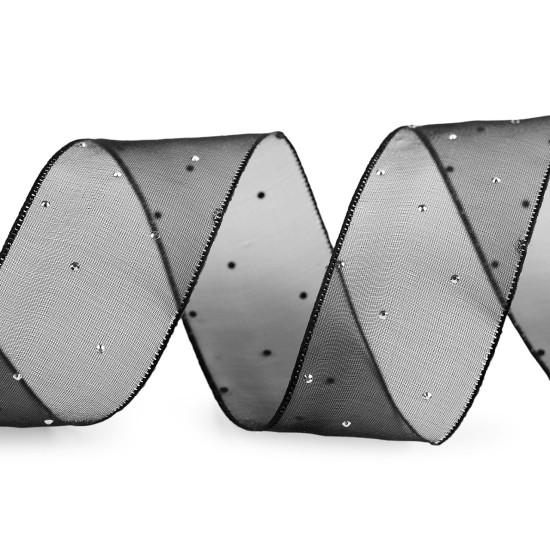 Wstążka z organzy z szlifowanymi kamyczkami szerokość 38 mm - Czarny (45 Metry) Wstążka z organzy z szlifowanymi kamyczkami szerokość 38 mm - Czarny (45 Metry)