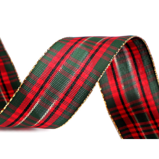 Checkered ribbon with lurex width 40 mm - Dark green (1 Meter)