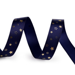 Christmas satin ribbon, width 15 mm, star - Blue dark (5 Meters)