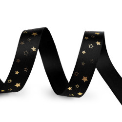 Christmas satin ribbon, width 15 mm, star - Black (5 Meters)