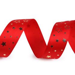 Christmas satin ribbon, width 25 mm, star - Red (3 Meters)