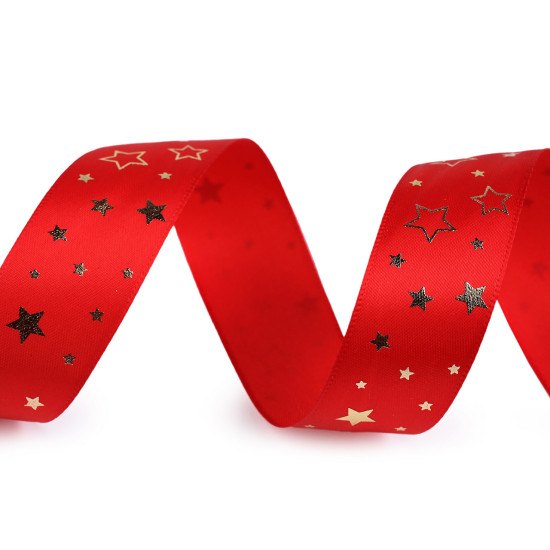 Christmas satin ribbon, width 25 mm, star - Red (3 Meters) Christmas satin ribbon, width 25 mm, star - Red (3 Meters)