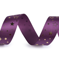 Christmas satin ribbon, width 25 mm, star - Violet (3 Meters)