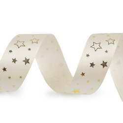 Christmas satin ribbon, width 25 mm, star - Creamy light (3 Meters)