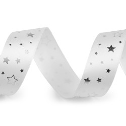 Christmas satin ribbon, width 25 mm, star - White (3 Meters)