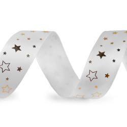 Christmas satin ribbon, width 25 mm, star - White (3 Meters)