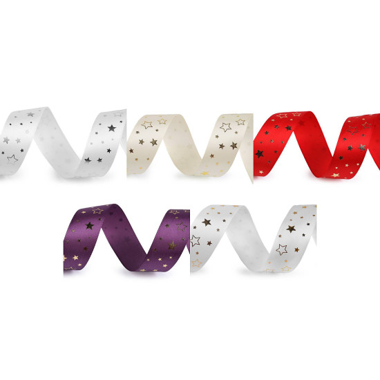 Christmas satin ribbon, width 25 mm, star - Red (3 Meters) Christmas satin ribbon, width 25 mm, star - Red (3 Meters)