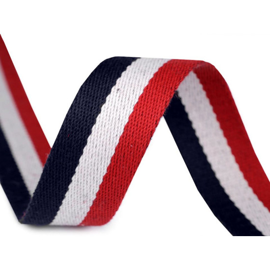 Double-faced webbing width 38 mm - Blue-white-red (25 Meters) Double-faced webbing width 38 mm - Blue-white-red (25 Meters)