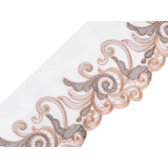 Dantelă brodată pe organza, lățime 18 cm - Bej deschis (1 Metru) Dantelă brodată pe organza, lățime 18 cm - Bej deschis (1 Metru)