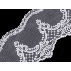 Embroidered trim on organza width 12.5 cm - White (1 Meter)