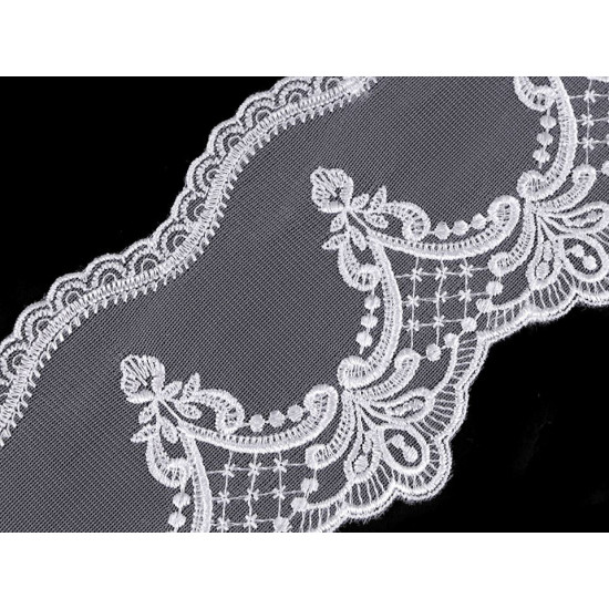 Embroidered trim on organza width 12.5 cm - White (1 Meter) Embroidered trim on organza width 12.5 cm - White (1 Meter)