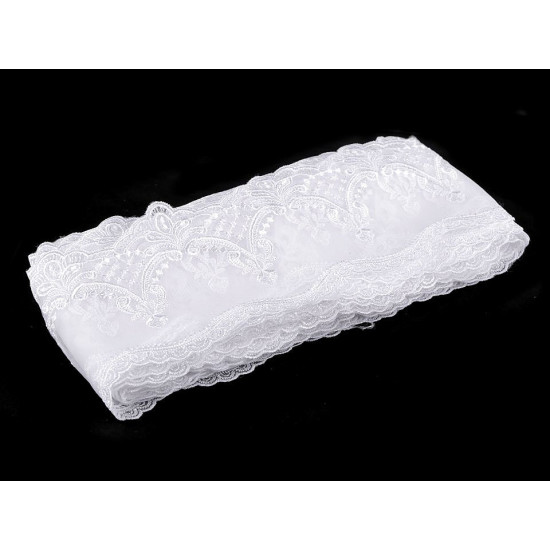 Embroidered trim on organza width 12.5 cm - White (1 Meter) Embroidered trim on organza width 12.5 cm - White (1 Meter)