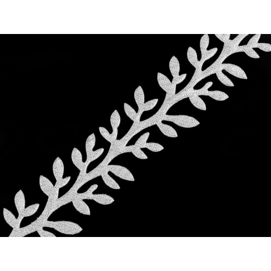 Aplikacja satynowa w taśmie szerokość 24 mm gałązka z lureksem - Srebrny (27 Metry) Aplikacja satynowa w taśmie szerokość 24 mm gałązka z lureksem - Srebrny (27 Metry)