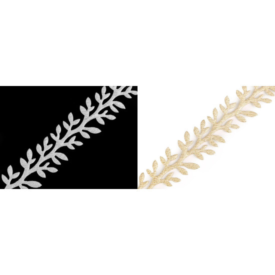 Aplikacja satynowa w taśmie szerokość 24 mm gałązka z lureksem - Srebrny (27 Metry) Aplikacja satynowa w taśmie szerokość 24 mm gałązka z lureksem - Srebrny (27 Metry)