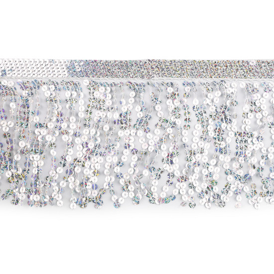 Frędzle z holograficznymi cekinami szerokość 15 cm - Srebrny (1 Metr) Frędzle z holograficznymi cekinami szerokość 15 cm - Srebrny (1 Metr)