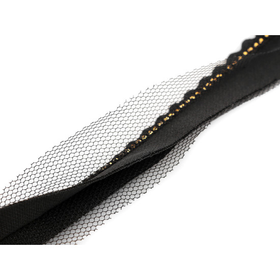 Insertion piping with rhinestones and tulle, width 15; 20 mm - Black (10 Meters) Insertion piping with rhinestones and tulle, width 15; 20 mm - Black (10 Meters)