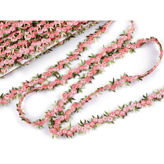 Embroidered trimming braid with 3d flowers, width 20 mm - Light red (1 Meter) Embroidered trimming braid with 3d flowers, width 20 mm - Light red (1 Meter)