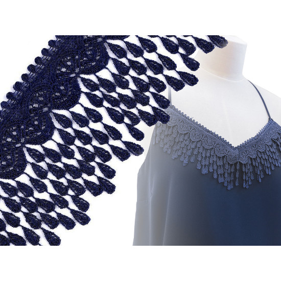 Guipure lace trim with tassels width 80 mm - Berlin blue (1 Meter) Guipure lace trim with tassels width 80 mm - Berlin blue (1 Meter)