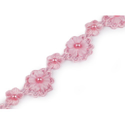 Csipke 3d virág gyönggyel szélessége 30 mm - Pink (1 Méter)