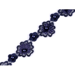 Csipke 3d virág gyönggyel szélessége 30 mm - Blue dark (1 Méter)