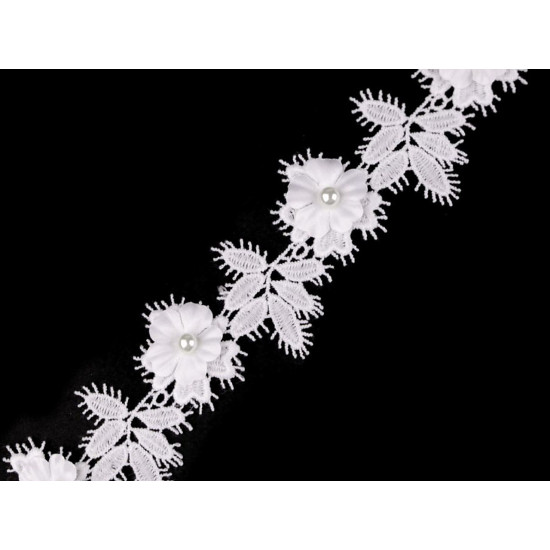 Guipure lace trim - 3d flower with pearl bead width 42 mm - Off white (1 Meter) Guipure lace trim - 3d flower with pearl bead width 42 mm - Off white (1 Meter)