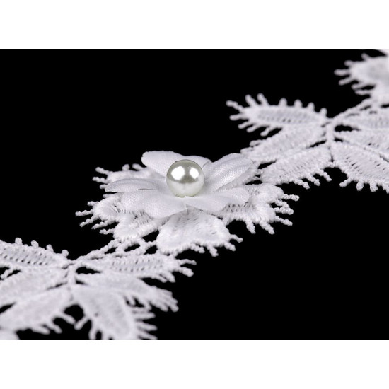 Guipure lace trim - 3d flower with pearl bead width 42 mm - Off white (1 Meter) Guipure lace trim - 3d flower with pearl bead width 42 mm - Off white (1 Meter)