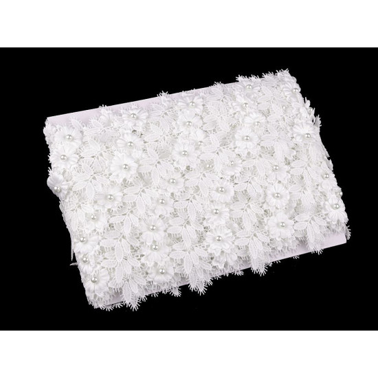 Guipure lace trim - 3d flower with pearl bead width 42 mm - Off white (1 Meter) Guipure lace trim - 3d flower with pearl bead width 42 mm - Off white (1 Meter)