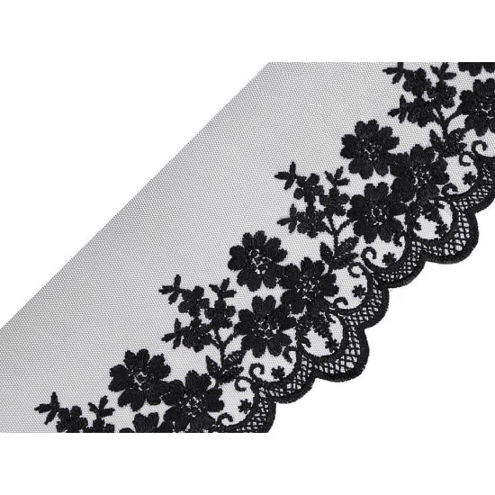 Dantelă brodată pe organza, lățime 90 mm - Negru (27 Metri) Dantelă brodată pe organza, lățime 90 mm - Negru (27 Metri)